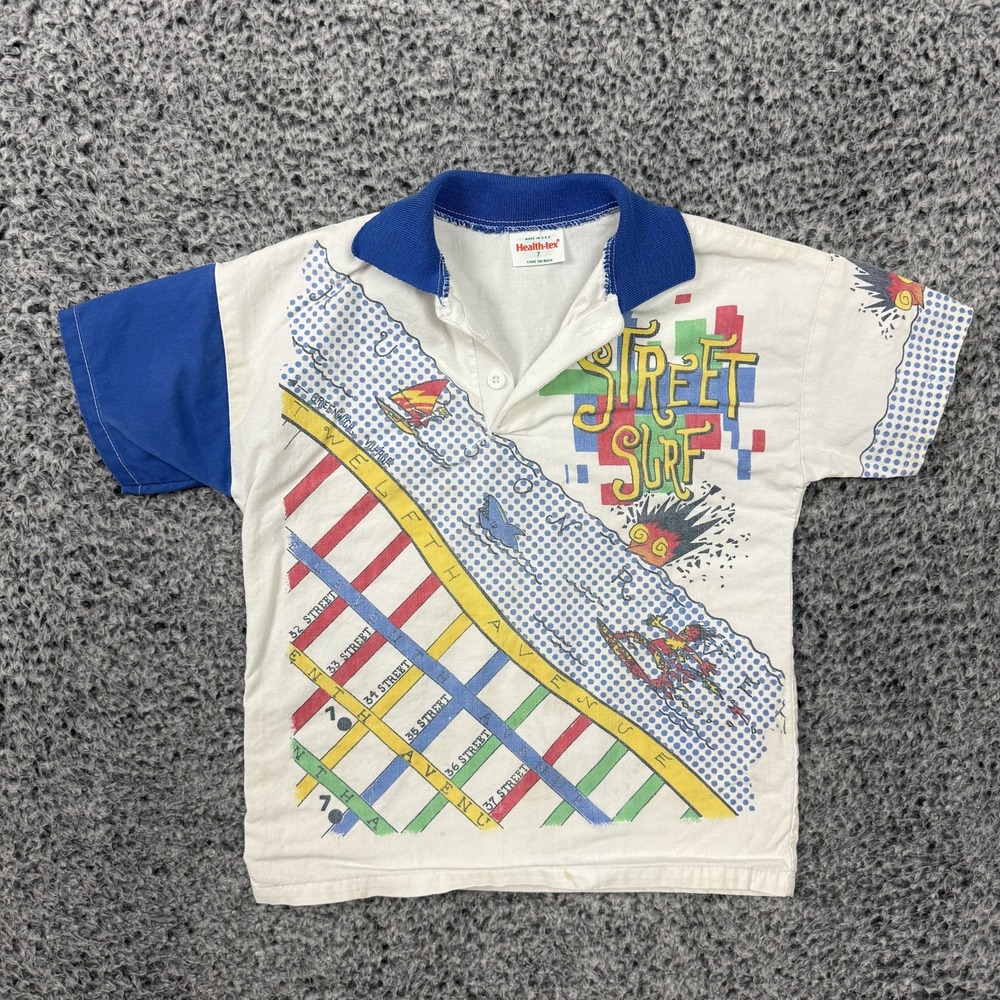 Vintage 80s Street Surf Polo Shirt Boys 7 Map Graphic Made USA Health Tex Tag
